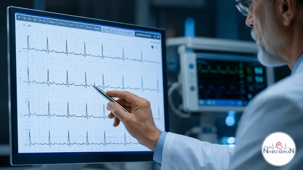 Doktorun kalp krizi şüphesiyle EKG sonucunu incelediği görsel