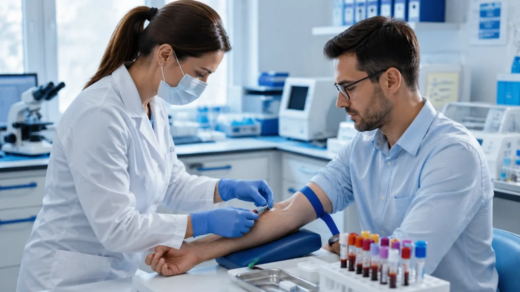 Check-up için laboratuvarda kan örneği alınırken hazırlık aşaması