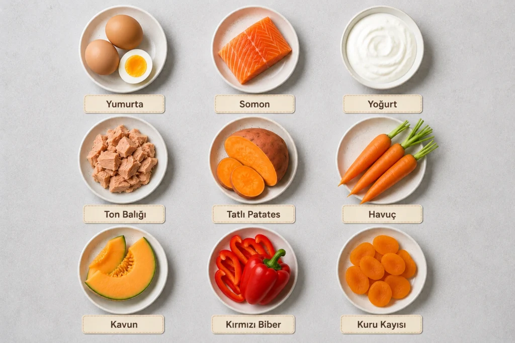 A vitamini içeren besinler listesi görseli havuç tatlı patates yumurta somon