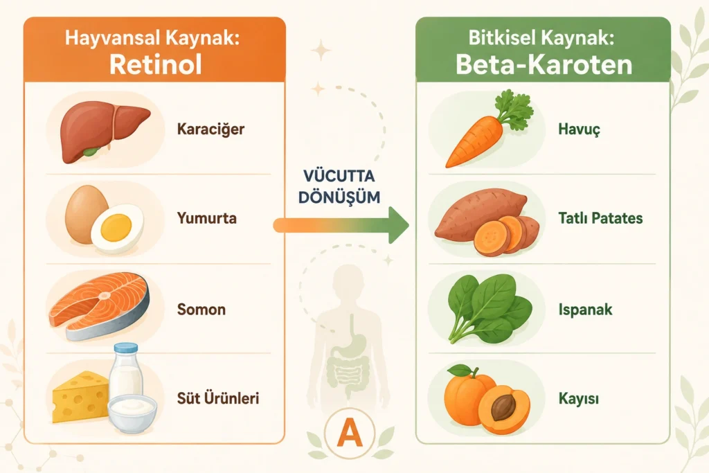 Retinol ve beta karoten farkı gösteren A vitamini kaynakları infografiği