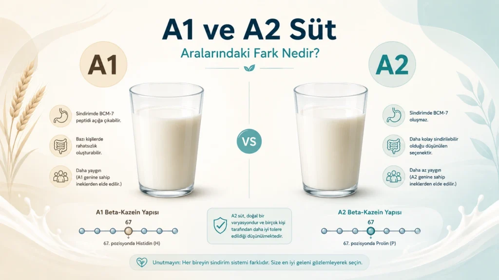 A1 ve A2 tipi süt proteinlerinin BCM-7 oluşumu açısından karşılaştırıldığı infografik