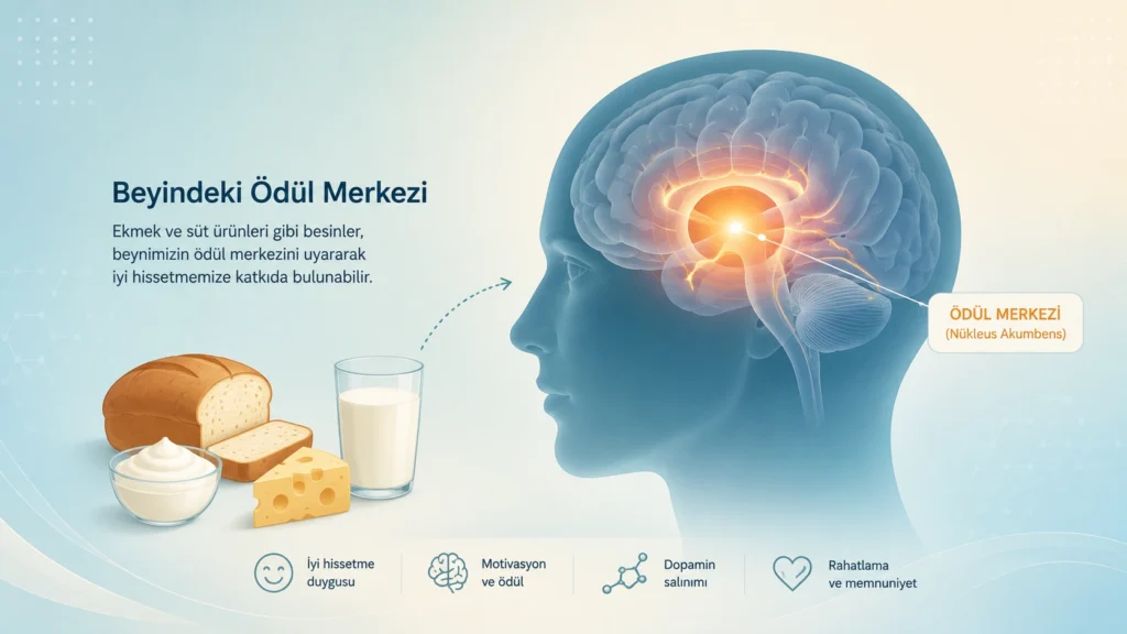 Gluten ve süt ürünlerinin beyindeki ödül merkezini nasıl etkilediğini gösteren illüstrasyon