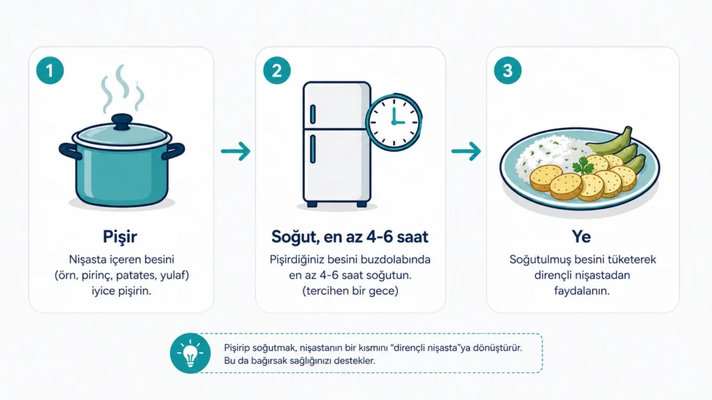 Pişirme, soğutma ve tüketim adımlarını gösteren dirençli nişasta hazırlama şeması
