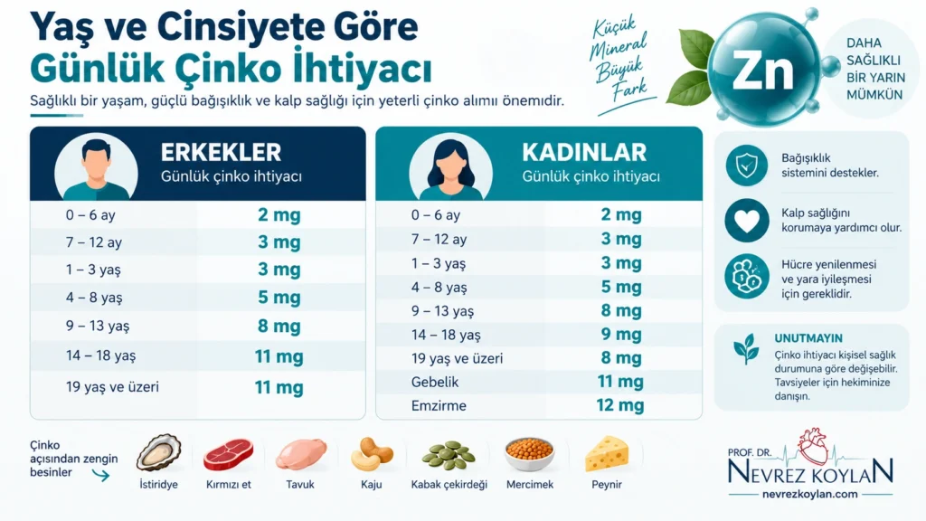 Yaş ve cinsiyete göre günlük çinko ihtiyacı infografiği
