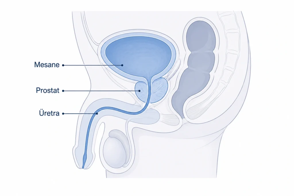 Prostat bezinin mesane altındaki konumunu gösteren anatomik illüstrasyon
