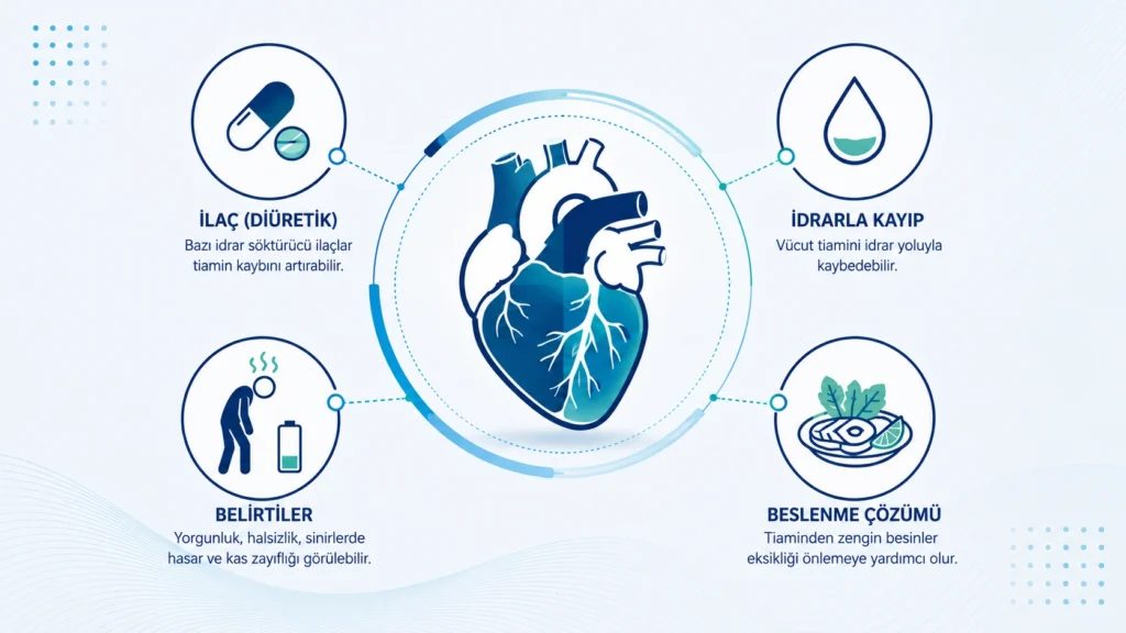 Tiamin eksikliği ve kalp yetmezliğinde diüretik kullanımı ilişkisi infografiği