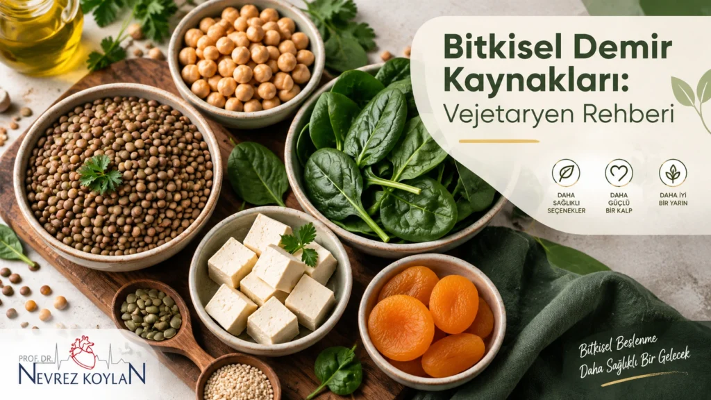 Bitkisel demir kaynakları — mercimek, nohut, ıspanak ve tofu ile hazırlanmış kapak görseli