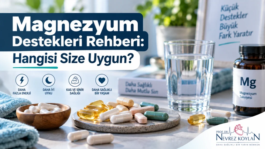 Magnezyum destekleri rehberi kapak görseli — çeşitli magnezyum takviyesi türleri ve kalp sağlığı teması