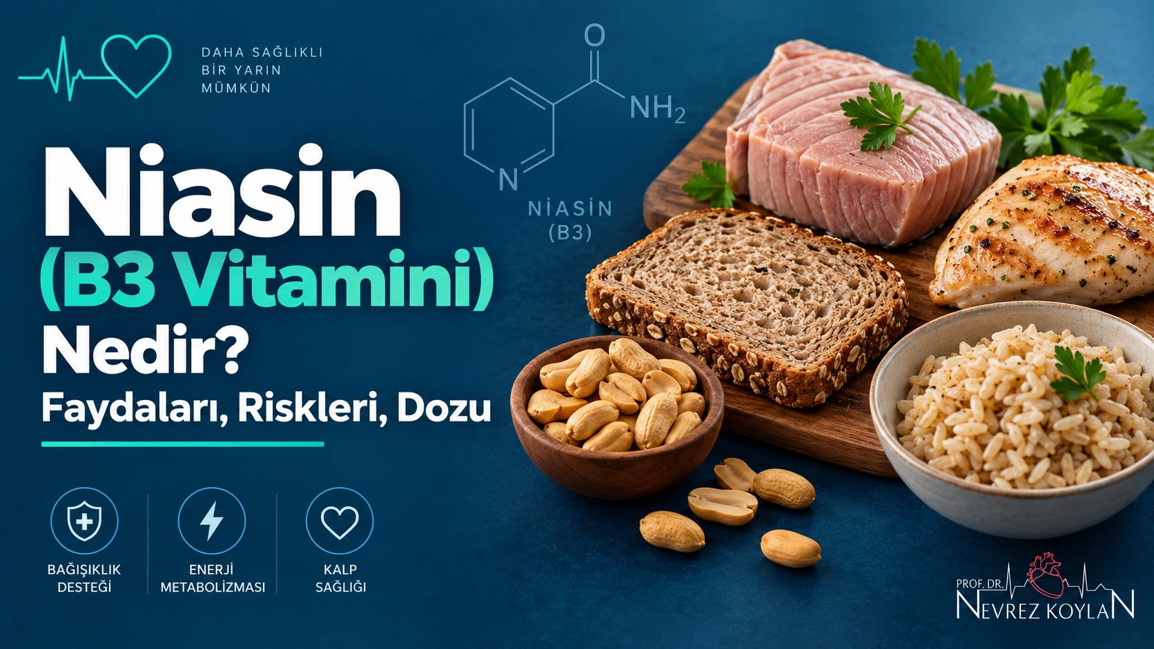 Niasin B3 vitamini kaynağı besinler ve kalp sağlığı temalı kapak görseli