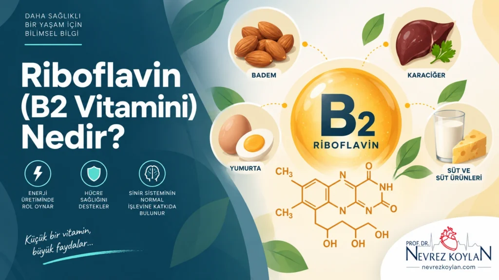 Riboflavin B2 vitamini nedir başlıklı kapak görseli, koyu lacivert zemin üzerinde beyaz başlık yazısı ve riboflavin kaynağı besinlerin illüstrasyonu