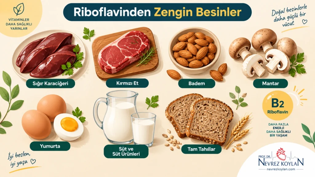 Riboflavin B2 vitamini açısından zengin besinlerin (karaciğer, badem, yumurta, süt ürünleri) illüstrasyonu