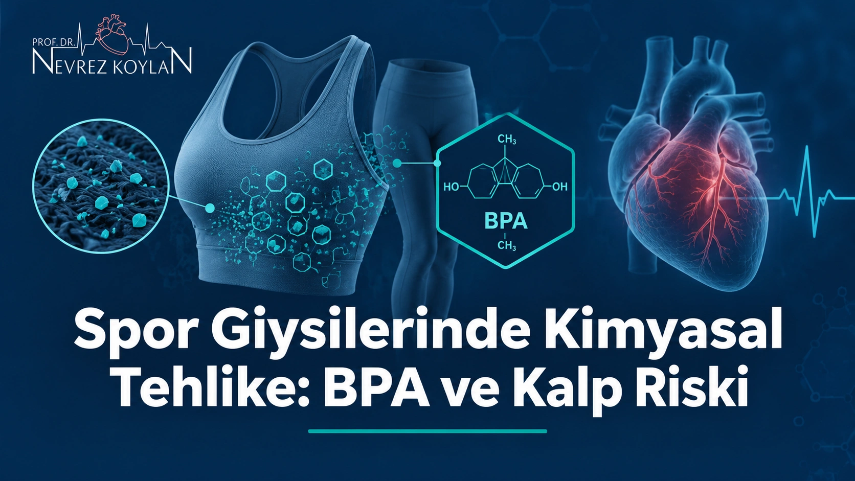 Spor giysilerinde kimyasal tehlike — BPA ve mikroplastik risklerini gösteren kapak görseli, Prof. Dr. Nevrez Koylan logosu ile