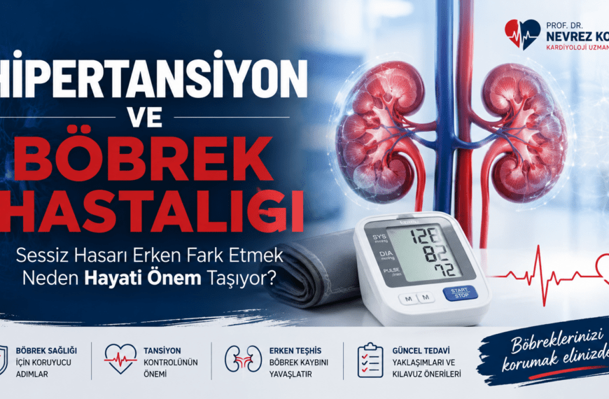 16:9 oranlı profesyonel sağlık temalı kapak görseli. Sol tarafta büyük beyaz ve kırmızı harflerle “Hipertansiyon ve Böbrek Hastalığı” başlığı yer alıyor. Alt bölümde “Sessiz Hasarı Erken Fark Etmek Neden Hayati Önem Taşıyor?” mesajı bulunuyor. Sağ tarafta detaylı anatomik böbrek illüstrasyonu, damar yapıları ve dijital tansiyon ölçüm cihazı görülüyor. Üst sağ köşede Prof. Dr. Nevrez Koylan logosu yer alırken alt bölümde böbrek sağlığı, tansiyon kontrolü, erken teşhis ve güncel tedavi yaklaşımlarını temsil eden medikal ikonlar bulunuyor. Görsel lacivert, beyaz ve kırmızı renk paletiyle modern ve güven veren bir tıbbi tasarım tarzında hazırlanmış.