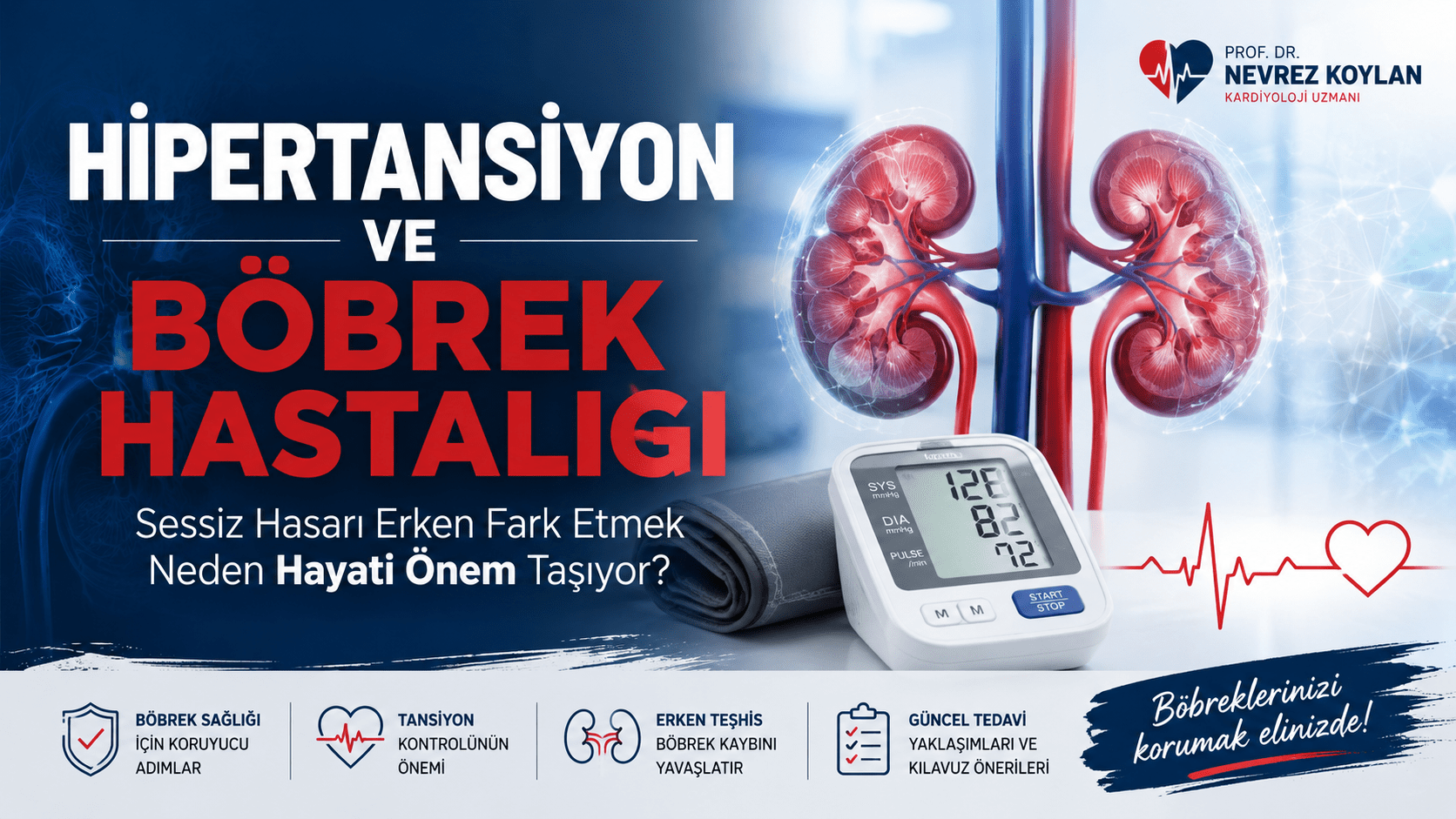 16:9 oranlı profesyonel sağlık temalı kapak görseli. Sol tarafta büyük beyaz ve kırmızı harflerle “Hipertansiyon ve Böbrek Hastalığı” başlığı yer alıyor. Alt bölümde “Sessiz Hasarı Erken Fark Etmek Neden Hayati Önem Taşıyor?” mesajı bulunuyor. Sağ tarafta detaylı anatomik böbrek illüstrasyonu, damar yapıları ve dijital tansiyon ölçüm cihazı görülüyor. Üst sağ köşede Prof. Dr. Nevrez Koylan logosu yer alırken alt bölümde böbrek sağlığı, tansiyon kontrolü, erken teşhis ve güncel tedavi yaklaşımlarını temsil eden medikal ikonlar bulunuyor. Görsel lacivert, beyaz ve kırmızı renk paletiyle modern ve güven veren bir tıbbi tasarım tarzında hazırlanmış.