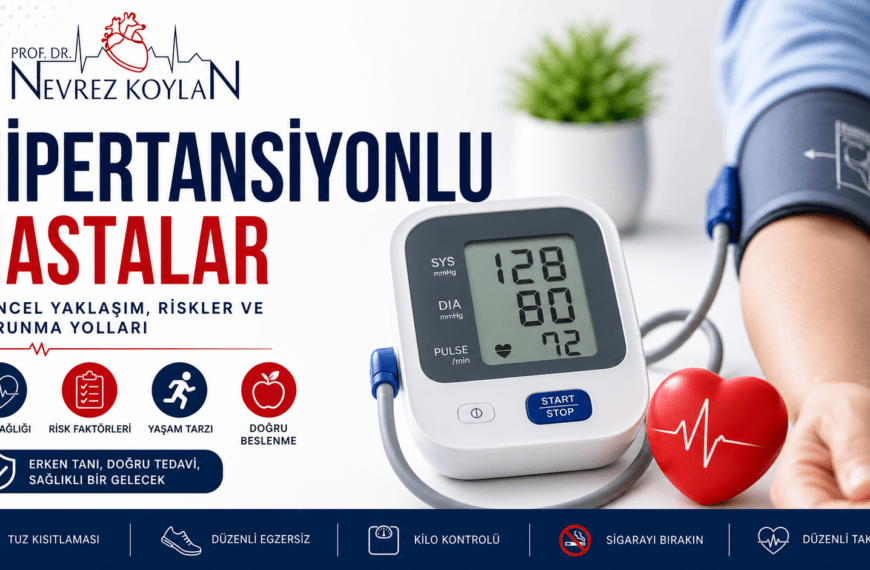 Hipertansiyon konulu modern kapak görseli: “Hipertansiyonlu Hastalar” başlığı, Prof. Dr. Nevrez Koylan logosu, dijital tansiyon ölçüm cihazı (128/80 mmHg), kolunda tansiyon manşeti bulunan bir hasta, kalp simgesi ve sağlıklı yaşam ikonları (tuz kısıtlaması, egzersiz, kilo kontrolü, sigarayı bırakma, düzenli takip) içeren, kırmızı ve lacivert tonlarda tasarlanmış bilgilendirici medikal infografik.