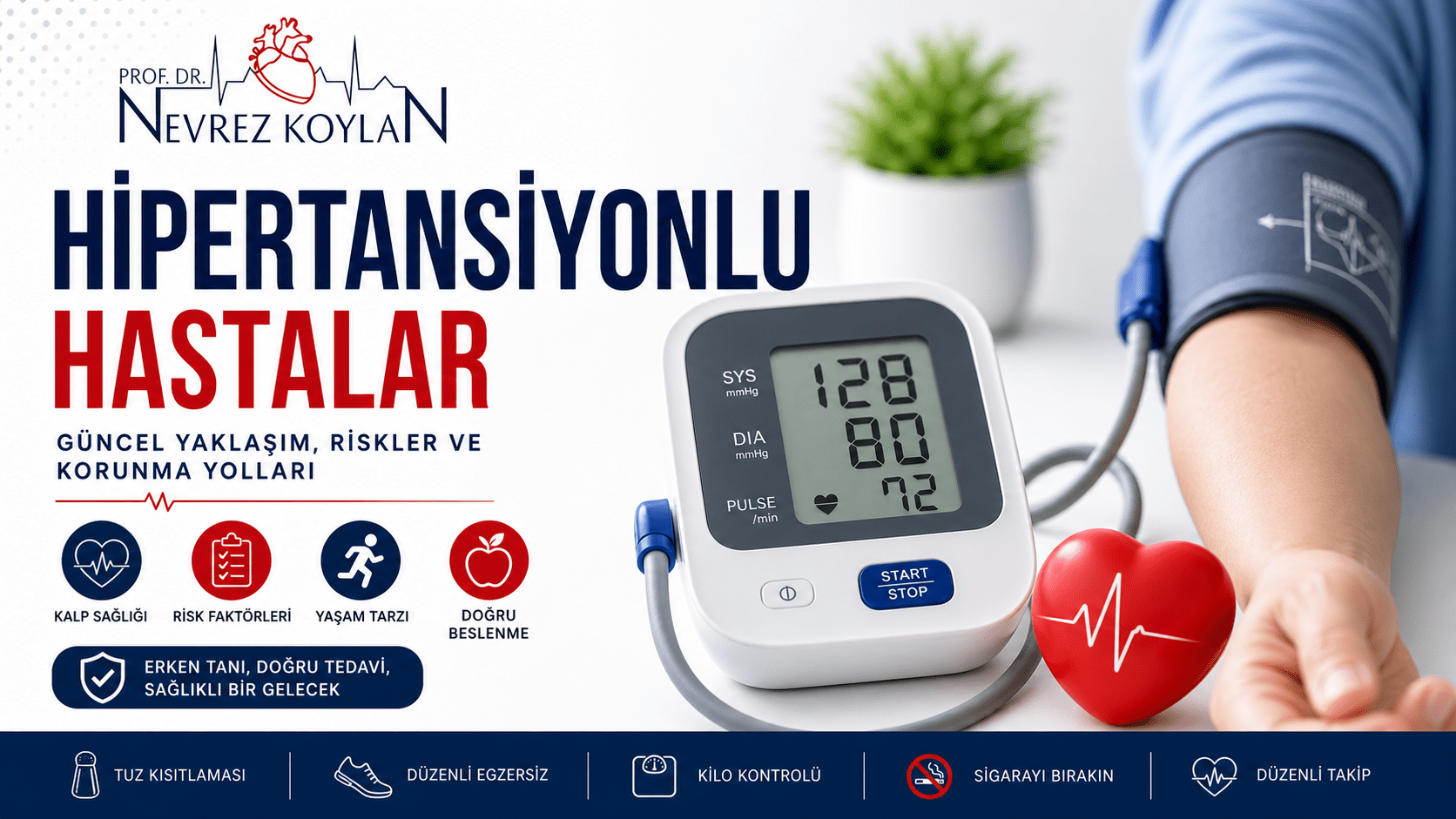 Hipertansiyon konulu modern kapak görseli: “Hipertansiyonlu Hastalar” başlığı, Prof. Dr. Nevrez Koylan logosu, dijital tansiyon ölçüm cihazı (128/80 mmHg), kolunda tansiyon manşeti bulunan bir hasta, kalp simgesi ve sağlıklı yaşam ikonları (tuz kısıtlaması, egzersiz, kilo kontrolü, sigarayı bırakma, düzenli takip) içeren, kırmızı ve lacivert tonlarda tasarlanmış bilgilendirici medikal infografik.