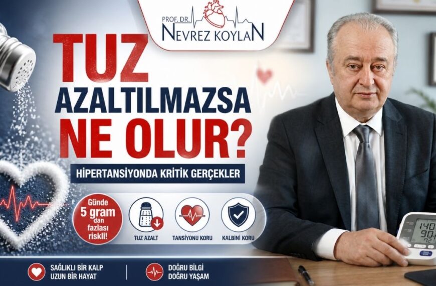 Hipertansiyonda tuz kısıtlamasının önemini anlatan kapak görseli: Prof. Dr. Nevrez Koylan masada tansiyon ölçüm cihazı ile otururken, solda kalp şeklinde tuz görseli ve “Tuz azaltılmazsa ne olur?” başlığı ile “Günde 5 gramdan fazlası riskli” uyarısı yer alıyor.