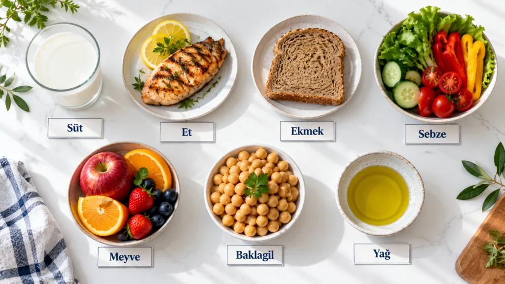 Besin değişimi yedi grubu: süt, et, ekmek, sebze, meyve, kuru baklagil ve yağ grubu örnek yiyecekler