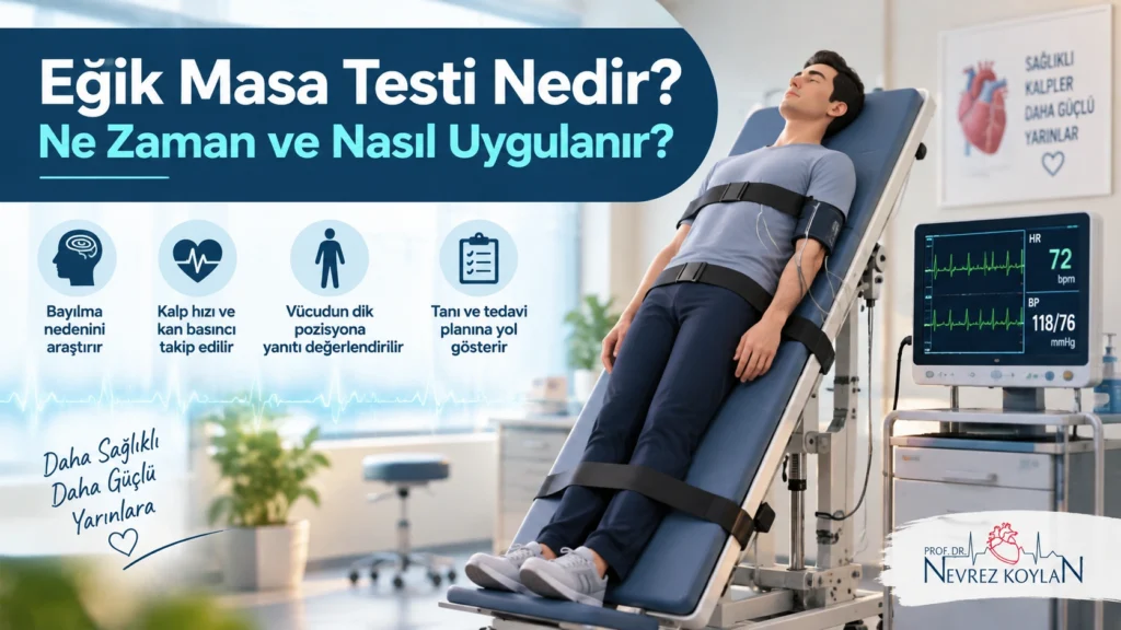 Eğik masa testi kapak görseli - hasta tilt masasında dikey pozisyonda, kalp hızı ve tansiyon monitörü ile izleniyor