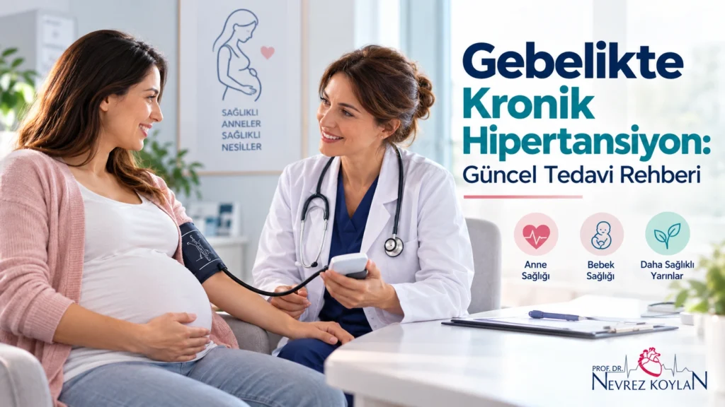 Gebelikte kronik hipertansiyon tedavi rehberi kapak görseli, hamile kadın ve tansiyon ölçümü
