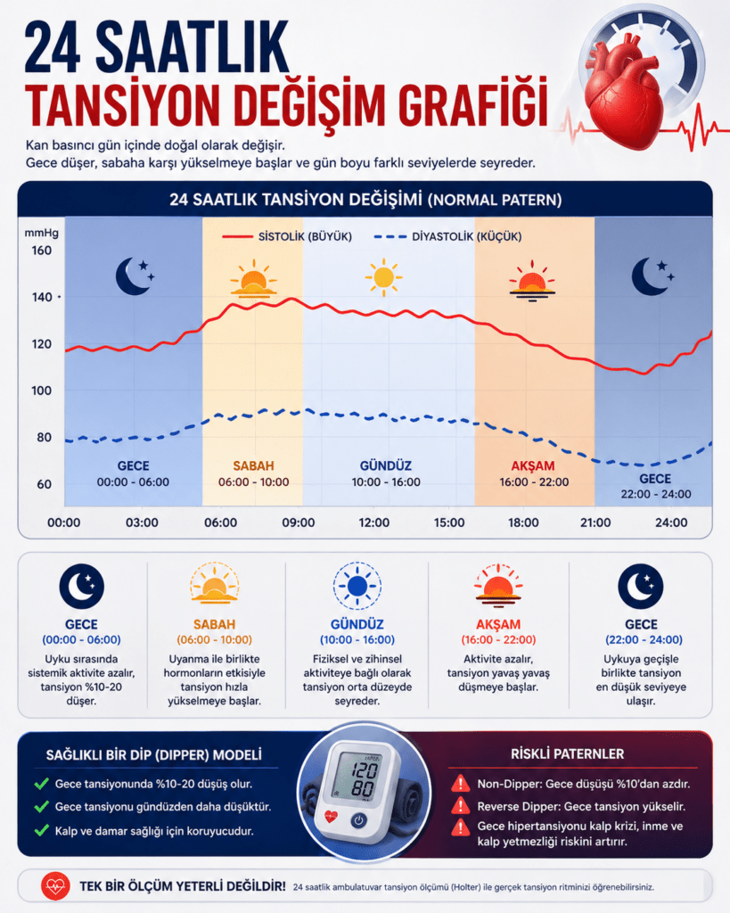 24 saatlik kan basıncı değişimini gösteren çizgi grafik. Yatay eksende saatler (00:00–24:00), dikey eksende mmHg cinsinden tansiyon değerleri yer alıyor. Kırmızı çizgi sistolik (büyük), mavi çizgi diyastolik (küçük) basıncı temsil ediyor. Grafik, gece saatlerinde tansiyonun düşüşünü (dipping), sabah erken saatlerde belirgin yükselişi (morning surge) ve gün içinde dalgalanmayı görsel olarak gösteriyor. Arka planda gece ve gündüzü temsil eden ikonlar (ay ve güneş) bulunuyor.