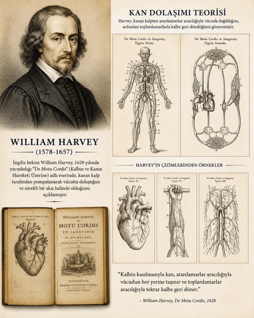William Harvey’nin kan dolaşımı teorisini anlatan vintage tarzda tıbbi infografik poster. Sol tarafta 17. yüzyıl İngiliz hekimi William Harvey’nin gravür tarzı portresi ve altında “De Motu Cordis” kitabına ilişkin açıklama bulunuyor. Sağ tarafta Harvey’nin insan dolaşım sistemi ve kalp anatomisine ait tarihi çizimleri yer alıyor. Alt bölümde açık duran “De Motu Cordis” kitabı, anatomik kalp illüstrasyonları ve Harvey’nin kan dolaşımını açıklayan ünlü sözü bulunuyor. Sepya tonlarında hazırlanmış, bilim tarihi ve kardiyoloji temalı 4:5 oranlı eğitim görseli.