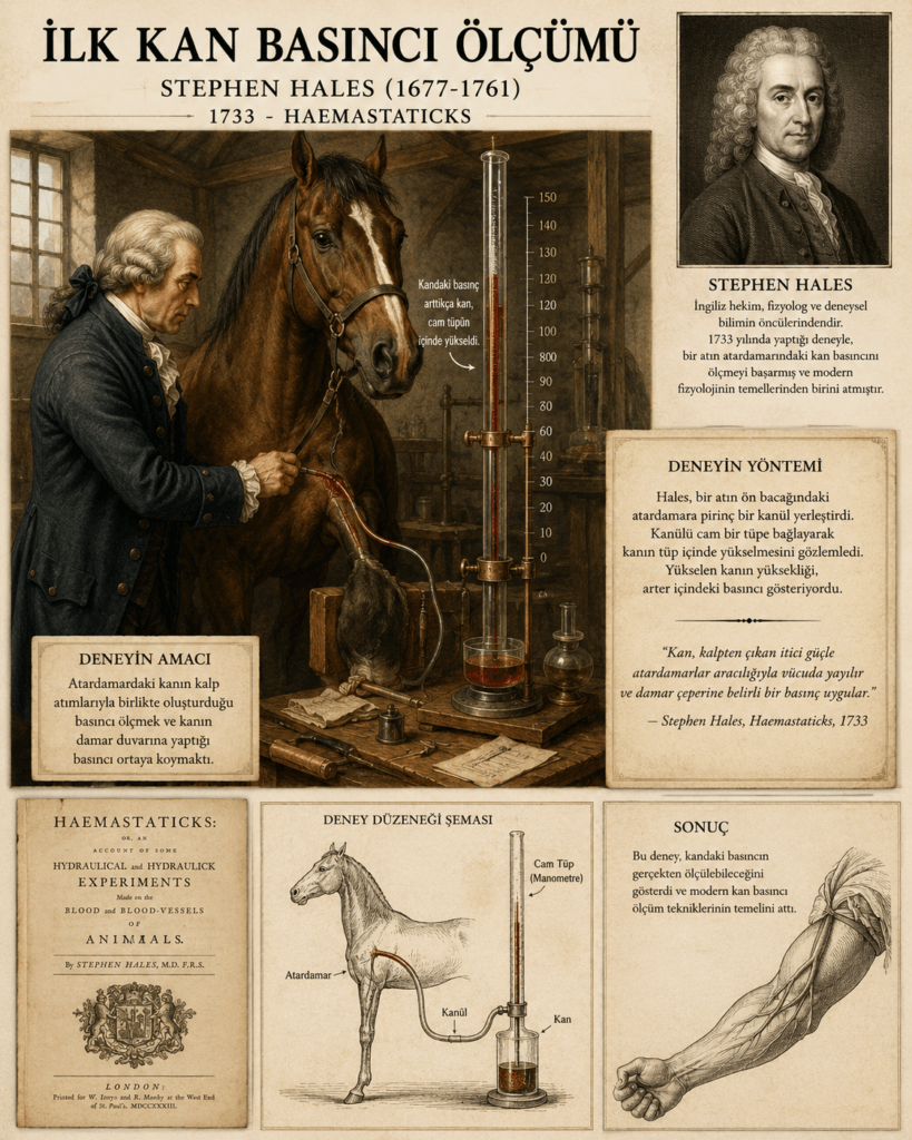 Stephen Hales’in 1733 yılında gerçekleştirdiği ilk kan basıncı ölçüm deneyini gösteren vintage tarzda bilimsel poster. Görselde İngiliz bilim insanı Stephen Hales, bir atın atardamarına bağlı uzun cam tüp aracılığıyla kan basıncını ölçerken tasvir ediliyor. Arka planda 18. yüzyıl laboratuvar atmosferi, eski tıbbi ekipmanlar ve “Haemastaticks” kitabından ilham alan anatomik çizimler yer alıyor. Cam tüpte yükselen kan seviyesi detaylı şekilde gösterilmiş. Sepya tonlarında hazırlanmış, hipertansiyon tarihinin önemli dönüm noktalarından birini anlatan 4:5 oranlı eğitim görseli.