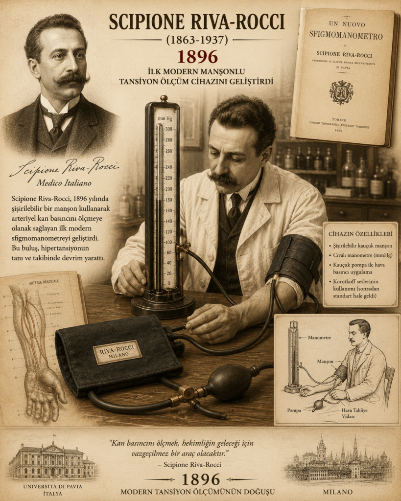 İtalyan doktor Scipione Riva-Rocci’nin 1896 yılında geliştirdiği ilk modern manşonlu tansiyon ölçüm cihazını gösteren vintage tarzda tıbbi poster. Görselde Riva-Rocci, cıvalı sfigmomanometreyi ve kola sarılan şişirilebilir kauçuk manşonu incelerken tasvir ediliyor. Ahşap masa üzerinde cıva sütunu, hava pompası ve erken dönem tansiyon ölçüm ekipmanları yer alıyor. Arka planda eski İtalyan laboratuvarı atmosferi, anatomik damar çizimleri ve “Un Nuovo Sfigmomanometro” başlıklı tarihi bilimsel yayın kapağı bulunuyor. Sepya tonlarında hazırlanmış, hipertansiyon tanısında modern tansiyon ölçümünün başlangıcını anlatan 4:5 oranlı eğitim görseli.
