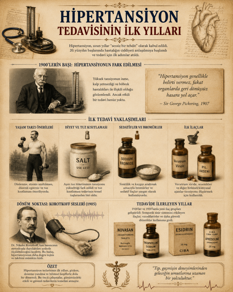 “Hipertansiyon Tedavisinin İlk Yılları” başlıklı vintage tarzda tıbbi infografik poster. Görselde erken dönem tansiyon ölçüm cihazları, eski ilaç şişeleri, tuz kısıtlamasını temsil eden kavanoz, sedatif ilaçlar ve yaşam tarzı önerilerini gösteren tarihi illüstrasyonlar yer alıyor. Alt bölümde Nikolai Korotkoff’un portresi ve stetoskopla tansiyon ölçümünü anlatan çizim bulunuyor. Sepya tonlarında tasarlanan görsel, 1900’lü yılların başındaki hipertansiyon tedavisinin gelişimini, ilk ilaçları ve dönemin tıbbi yaklaşımını anlatan 4:5 oranlı eğitim posteri.