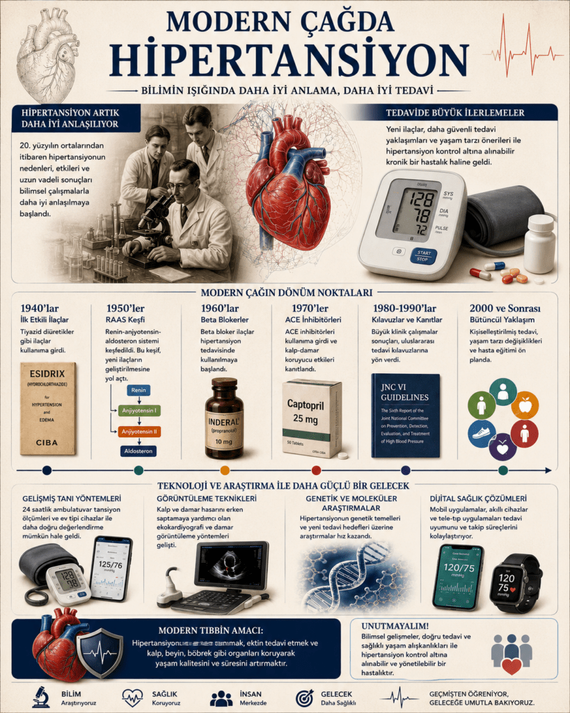 “Modern Çağda Hipertansiyon” başlıklı modern tıbbi infografik poster. Görselde dijital tansiyon cihazı kullanan bir hasta, akıllı saatle tansiyon takibi yapan bireyler, anatomik kalp illüstrasyonu ve modern hastane teknolojileri yer alıyor. Poster üzerinde hipertansiyonun kalp, beyin ve böbrek üzerindeki etkilerini gösteren ikonlar, güncel tedavi yöntemlerini anlatan bilgi kutuları ve 1950’lerden günümüze uzanan tıbbi gelişmeleri gösteren zaman çizelgesi bulunuyor. Mavi ve bej tonlarında tasarlanmış, yapay zekâ destekli sağlık teknolojileri ve modern kardiyoloji yaklaşımını vurgulayan 4:5 oranlı eğitim görseli.