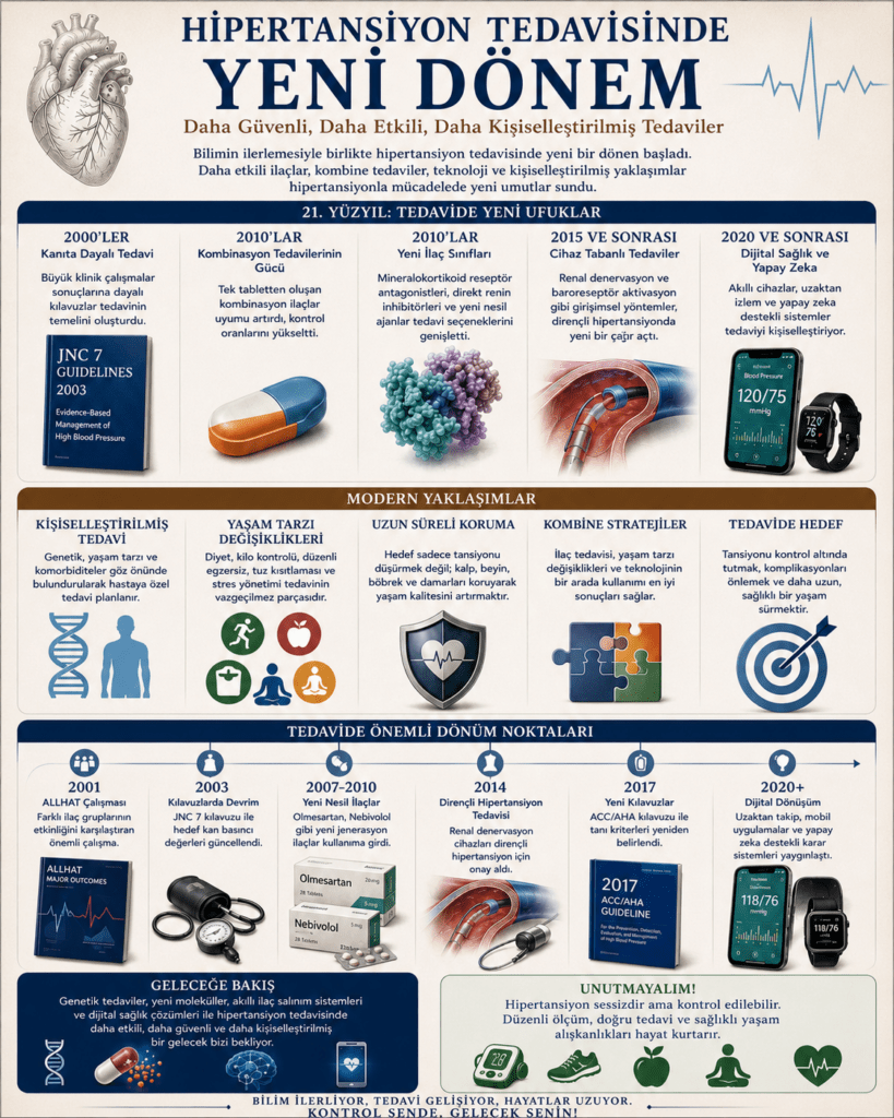 “Hipertansiyon Tedavisinde Yeni Dönem” başlıklı modern tıbbi infografik poster. Görselde yapay zekâ destekli tansiyon takibi, akıllı sağlık teknolojileri, dijital tansiyon cihazları ve kişiselleştirilmiş tedavi yaklaşımlarını temsil eden modern illüstrasyonlar yer alıyor. Poster üzerinde kombinasyon ilaç tedavileri, evde tansiyon ölçümü, giyilebilir sağlık cihazları ve renal denervasyon gibi yeni nesil hipertansiyon tedavilerini anlatan bilgi kutuları bulunuyor. Mavi, beyaz ve açık bej tonlarında hazırlanan tasarımda anatomik kalp görselleri, EKG çizgileri ve geleceğin kardiyoloji teknolojilerini simgeleyen dijital arayüz detayları dikkat çekiyor. 4:5 oranlı, çağdaş sağlık ve kardiyoloji temalı eğitim görseli.