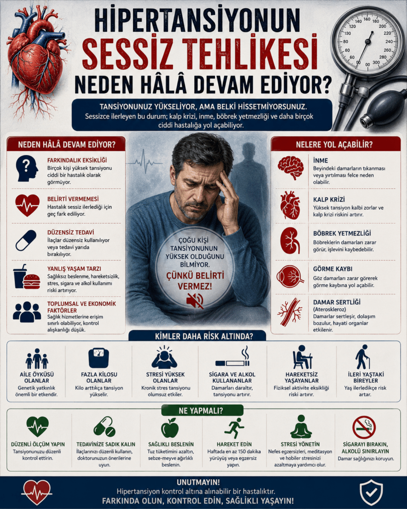 “Hipertansiyonun Sessiz Tehlikesi Neden Hâlâ Devam Ediyor?” başlıklı modern sağlık infografiği. Görselde tansiyonunu ölçtüren endişeli bir birey, yüksek tansiyonun kalp, beyin, böbrek ve damar sistemi üzerindeki etkilerini gösteren tıbbi ikonlar ve bilgi kutuları yer alıyor. Poster üzerinde obezite, fazla tuz tüketimi, hareketsizlik, yaşlanma ve stres gibi hipertansiyon risk faktörlerini anlatan illüstrasyonlar bulunuyor. Kırmızı ve mavi tonlarının ağırlıklı olduğu tasarımda EKG çizgileri, dijital tansiyon göstergeleri ve “sessiz katil” temasını vurgulayan dramatik görsel detaylar dikkat çekiyor. 4:5 oranlı, toplumsal farkındalık amaçlı kardiyoloji temalı eğitim posteri.