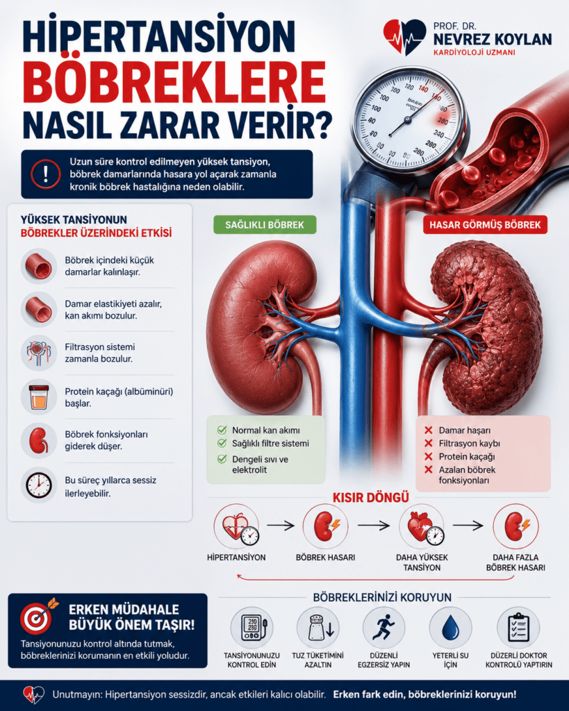 4:5 oranlı profesyonel tıbbi infografik görsel. Üst bölümde büyük kırmızı ve lacivert harflerle “Hipertansiyon Böbreklere Nasıl Zarar Verir?” başlığı yer alıyor. Sağ üst köşede Prof. Dr. Nevrez Koylan logosu bulunuyor. Görselin merkezinde bir sağlıklı böbrek ve bir hasar görmüş böbreğin detaylı anatomik karşılaştırması yer almakta; aralarında yüksek tansiyonu temsil eden büyük bir tansiyon ölçer ve damar yapıları görülüyor. Sol tarafta hipertansiyonun böbrek damarları üzerindeki etkilerini anlatan madde listesi ve medikal ikonlar bulunuyor. Alt bölümde hipertansiyon ile böbrek hasarı arasındaki kısır döngüyü gösteren şematik ikon dizilimi ve böbrekleri korumak için öneriler yer alıyor. Görsel kırmızı, beyaz ve lacivert tonlarda modern, bilgilendirici ve güven veren sağlık temalı bir tasarıma sahip.