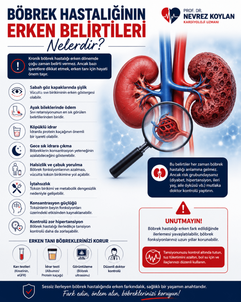 4:5 oranlı profesyonel sağlık infografiği. Üst bölümde büyük kırmızı ve lacivert harflerle “Böbrek Hastalığının Erken Belirtileri Nelerdir?” başlığı yer alıyor. Sağ üst köşede Prof. Dr. Nevrez Koylan logosu bulunuyor. Görselin merkezinde bir sağlıklı ve bir hasarlı böbreğin detaylı anatomik çizimi ile büyüteç altında böbrek filtre yapısı gösteriliyor. Sol tarafta sabah göz kapaklarında şişlik, ayak bileklerinde ödem, köpüklü idrar, gece sık idrara çıkma, halsizlik, iştahsızlık, konsantrasyon güçlüğü ve kontrolü zor hipertansiyon gibi erken belirtileri anlatan ikonlu bilgi bölümleri yer alıyor. Alt bölümde kan testi, idrar testi, görüntüleme ve düzenli doktor kontrolünü vurgulayan medikal ikonlar bulunuyor. Sağ alt köşede erken tanının önemini anlatan kırmızı uyarı kutusu yer alırken, görsel genel olarak kırmızı, beyaz ve lacivert tonlarda modern, güven veren ve bilgilendirici bir tıbbi tasarım tarzında hazırlanmış.
