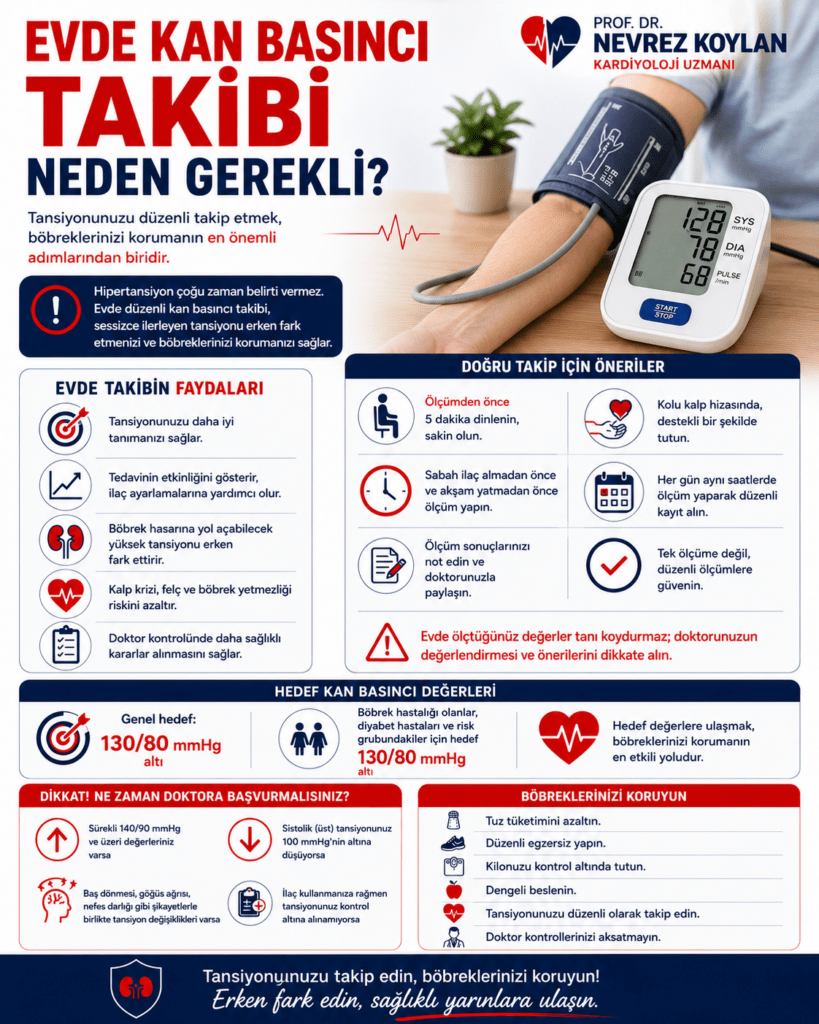 4:5 oranlı profesyonel sağlık infografiği. Üst bölümde büyük kırmızı ve lacivert harflerle “Evde Kan Basıncı Takibi Neden Gerekli?” başlığı yer alıyor. Sağ üst köşede Prof. Dr. Nevrez Koylan logosu bulunuyor. Görselin sağ tarafında ev ortamında dijital tansiyon ölçüm cihazıyla tansiyonunu ölçen bir kişinin kolu görülüyor; cihaz ekranında tansiyon değerleri yer almakta. Sol tarafta evde düzenli tansiyon takibinin faydalarını anlatan ikonlu bilgi kutuları bulunuyor. Orta bölümde doğru tansiyon ölçümü için öneriler; dinlenme, kol pozisyonu, düzenli saatlerde ölçüm yapma ve sonuçları kaydetme gibi maddeler halinde sunulmuş. Alt bölümde hedef kan basıncı değerleri, doktora başvurulması gereken durumlar ve böbrekleri korumaya yönelik yaşam tarzı önerileri yer alıyor. Görsel kırmızı, beyaz ve lacivert tonlarda modern, güven veren ve bilgilendirici bir medikal tasarım tarzında hazırlanmış.