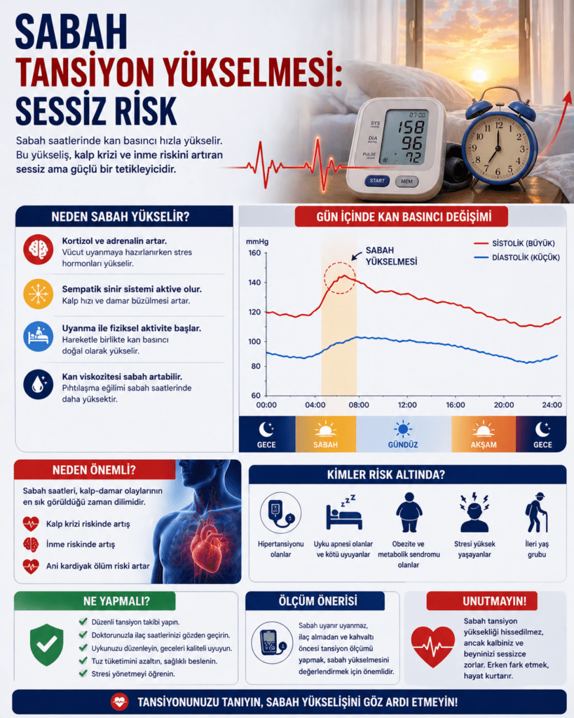 Alt text:

“Sabah tansiyon yükselmesini (morning surge) anlatan tıbbi infografik. 24 saatlik kan basıncı grafiğinde, gece düşüşünün ardından sabah erken saatlerde belirgin bir yükseliş vurgulanıyor. Kırmızı çizgi sistolik, mavi çizgi diyastolik basıncı temsil ediyor. Grafik üzerinde güneş ikonu sabah saatlerini işaret ediyor. Yan bölümde stres hormonlarının artışı, kalp hızının yükselmesi ve damar daralması gibi nedenler ikonlarla gösteriliyor. Alt kısımda sabah saatlerinde kalp krizi ve inme riskinin arttığına dikkat çeken uyarı yer alıyor.”