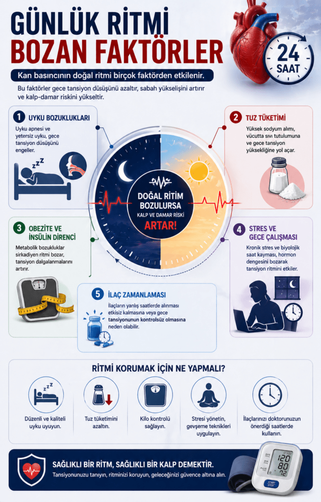 Alt text:

“Kan basıncının günlük ritmini bozan faktörleri anlatan tıbbi infografik. Lacivert zemin üzerinde başlık ‘Günlük Ritmi Bozan Faktörler’. Altında ikonlarla birlikte sıralanan başlıca etkenler yer alıyor: uyku bozuklukları (ay ve yatak ikonu), yüksek tuz tüketimi (tuzluk ikonu), obezite (vücut silüeti), stres ve gece çalışması (saat ve beyin ikonu), yanlış ilaç zamanlaması (hap ve saat ikonu). Yan tarafta dalgalı bir tansiyon grafiği ritim bozulmasını gösteriyor. Görsel, bu faktörlerin kalp ve damar sağlığı üzerindeki olumsuz etkilerine dikkat çekiyor.”