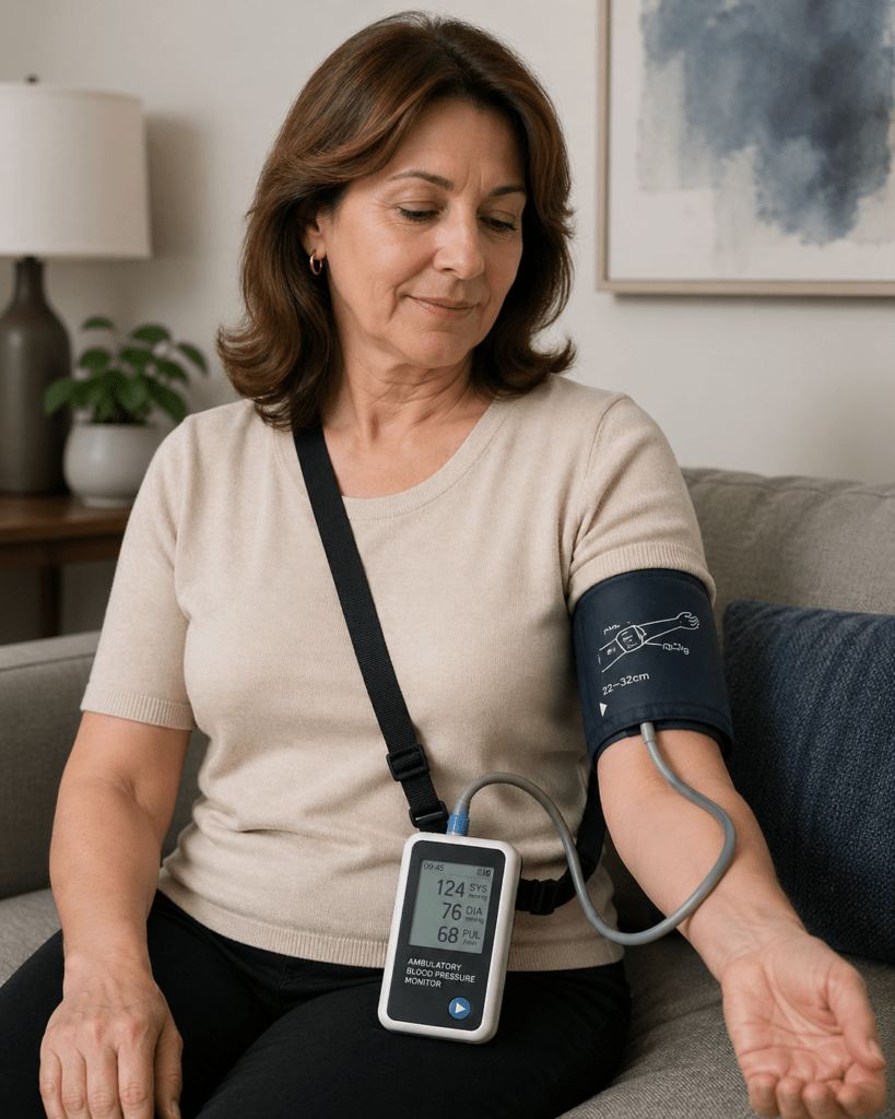 Alt text:

“Ev ortamında koluna ambulatuvar tansiyon monitörü (holter) takılmış orta yaşlı bir kadın. Kadın kolundaki tansiyon manşonuna bakıyor. Omzundan askıyla taşınan küçük bir cihaz kabloyla manşona bağlı. Cihaz ekranında sistolik ve diyastolik tansiyon değerleri görünüyor. Arka planda koltuk, lamba ve bitki bulunan sade ve rahat bir salon ortamı yer alıyor.”