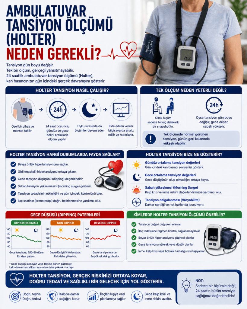 Alt text:

“Ambulatuvar tansiyon ölçümünü (24 saatlik tansiyon holteri) anlatan tıbbi infografik. Kolda taşınan küçük bir cihaz ve manşon ile gün boyu otomatik ölçüm yapan sistem gösteriliyor. Yan tarafta 24 saatlik tansiyon grafiği yer alıyor; gece düşüşü ve sabah yükselmesi vurgulanıyor. Görselde bu yöntemin tek ölçüme göre daha doğru sonuç verdiği, gizli hipertansiyonu ortaya çıkarabildiği ve tedavi planlamasında önemli olduğu ikonlar ve kısa açıklamalarla anlatılıyor.”