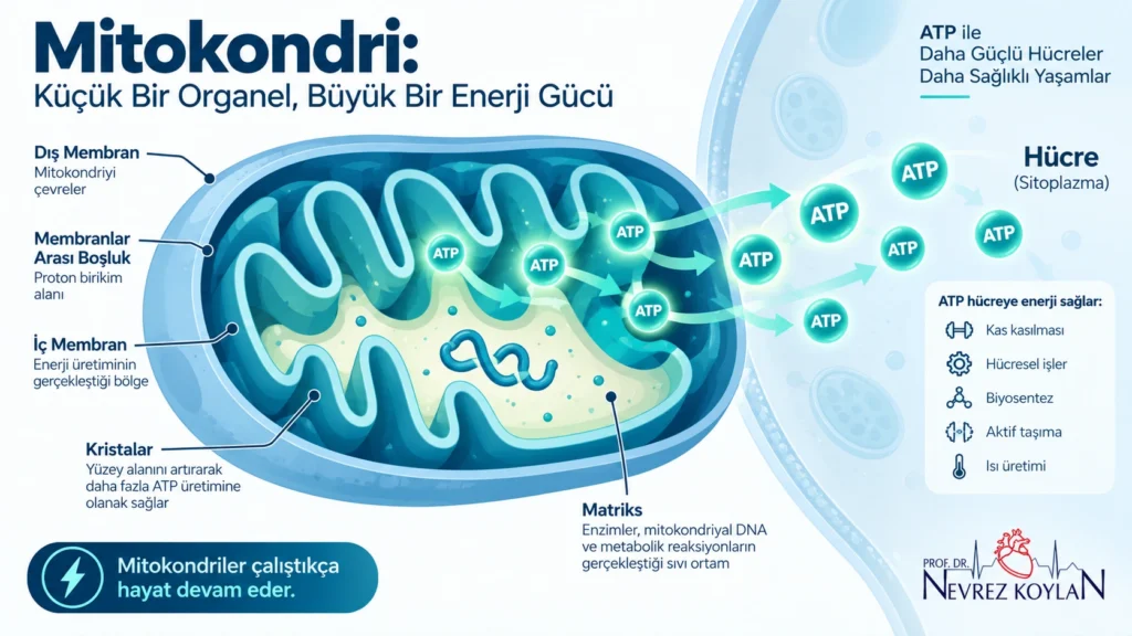 Mitokondri işlevleri arasında ATP enerji üretimi süreci şeması