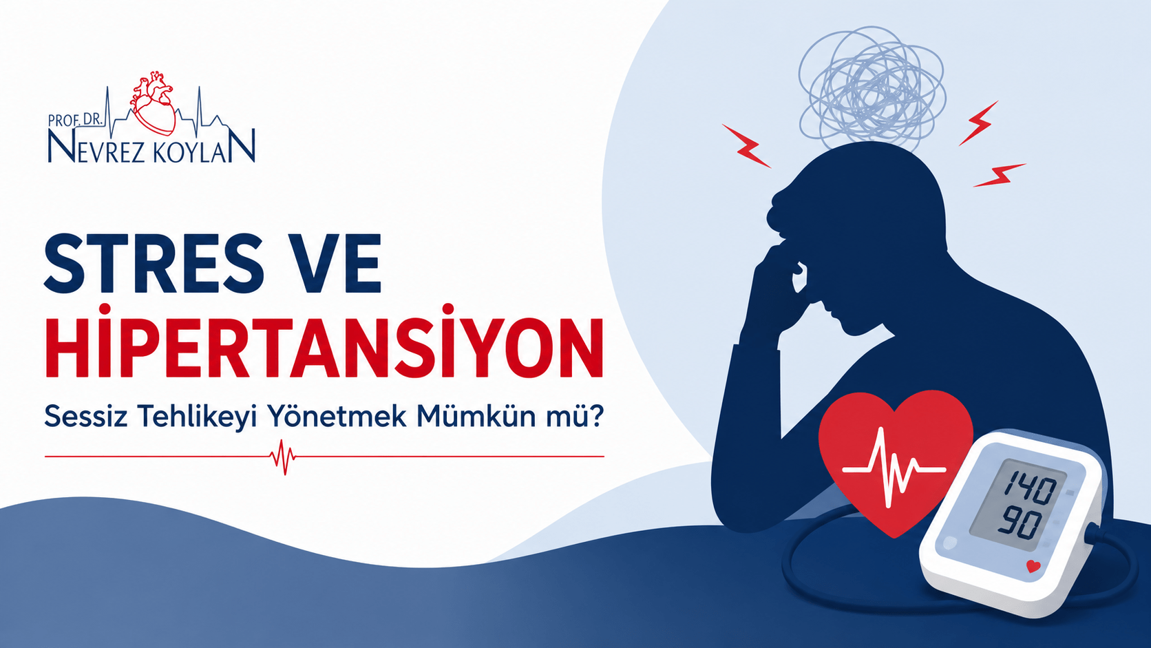 Stres ve hipertansiyon ilişkisini anlatan minimalist tıbbi kapak görseli. Sol tarafta Prof. Dr. Nevrez Koylan logosu ile “Stres ve Hipertansiyon: Sessiz Tehlikeyi Yönetmek Mümkün mü?” başlığı yer alıyor. Sağ tarafta başını eline dayamış stresli bir insan silüeti, kırmızı kalp ikonu ve 140/90 tansiyon değerini gösteren dijital tansiyon aleti bulunuyor. Beyaz, lacivert ve kırmızı tonlarının kullanıldığı modern tasarım; stresin kalp sağlığı ve yüksek tansiyon üzerindeki etkisini vurguluyor.
