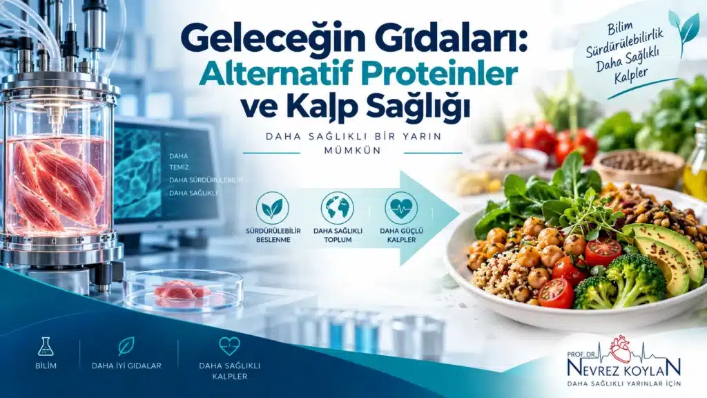 Geleceğin gıdaları kapak görseli — kültürlenmiş et ve bitkisel protein kaynaklarının kalp sağlığı üzerindeki etkisini simgeleyen lacivert-teal temalı illüstrasyon
