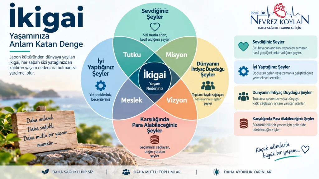 İkigai'nin dört elementi - sevdiğiniz, iyi yaptığınız ve dünyanın ihtiyaç duyduğu şeyin kesişimi