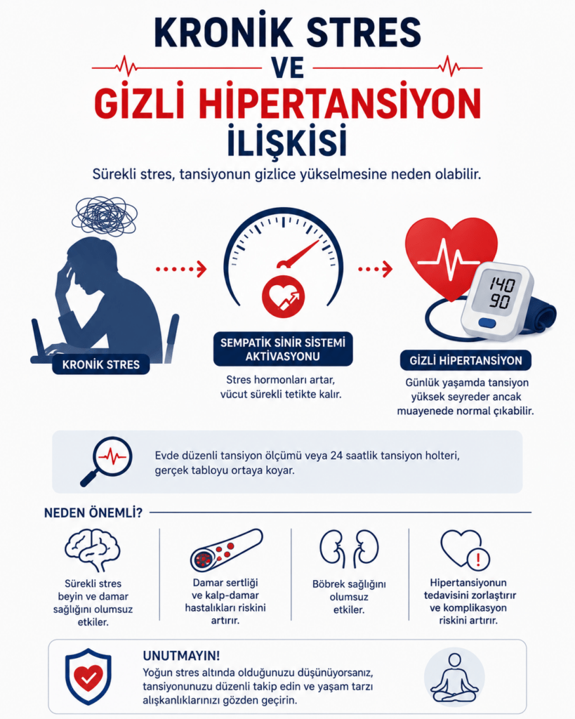 Kronik stres ve gizli hipertansiyon ilişkisini anlatan minimalist tıbbi infografik. Beyaz arka plan üzerinde lacivert ve kırmızı tonlarda hazırlanan görselde “Kronik Stres ve Gizli Hipertansiyon İlişkisi” başlığı yer alıyor. Sol tarafta bilgisayar başında stres yaşayan bir kişi silüeti, ortada sempatik sinir sistemi aktivasyonunu temsil eden hız göstergesi, sağ tarafta ise 140/90 tansiyon değerini gösteren dijital tansiyon aleti ve kalp ikonu bulunuyor. Görsel; kronik stresin stres hormonlarını artırarak tansiyonun günlük yaşamda gizlice yükselmesine neden olabileceğini anlatıyor. Alt bölümde evde tansiyon ölçümünün ve 24 saatlik tansiyon holterinin önemine vurgu yapılırken; damar sertliği, böbrek sağlığı ve hipertansiyon komplikasyon riskleri ikonlarla özetleniyor. En altta ise düzenli takip ve yaşam tarzı değişikliklerinin önemini hatırlatan koruyucu sağlık mesajı yer alıyor.