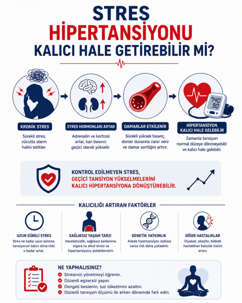 Stresin hipertansiyonu kalıcı hale getirip getiremeyeceğini anlatan minimalist tıbbi infografik. Beyaz arka plan üzerinde lacivert ve kırmızı tonlarda hazırlanan görselde kronik stres yaşayan bir insan silüeti, kalp ve damar sistemi ikonları ile birlikte gösteriliyor. Görselde stres hormonlarının sürekli yüksek kalmasının damar daralmasına, kalp hızının artmasına ve tansiyonun zamanla kalıcı olarak yüksek seyretmesine neden olabileceği vurgulanıyor. Ayrıca genetik yatkınlık, fazla kilo, hareketsizlik ve kötü uyku gibi risk faktörleri sade ikonlarla destekleniyor. Alt bölümde düzenli tansiyon takibi, sağlıklı yaşam alışkanlıkları ve stres yönetiminin önemini hatırlatan koruyucu sağlık mesajları yer alıyor.