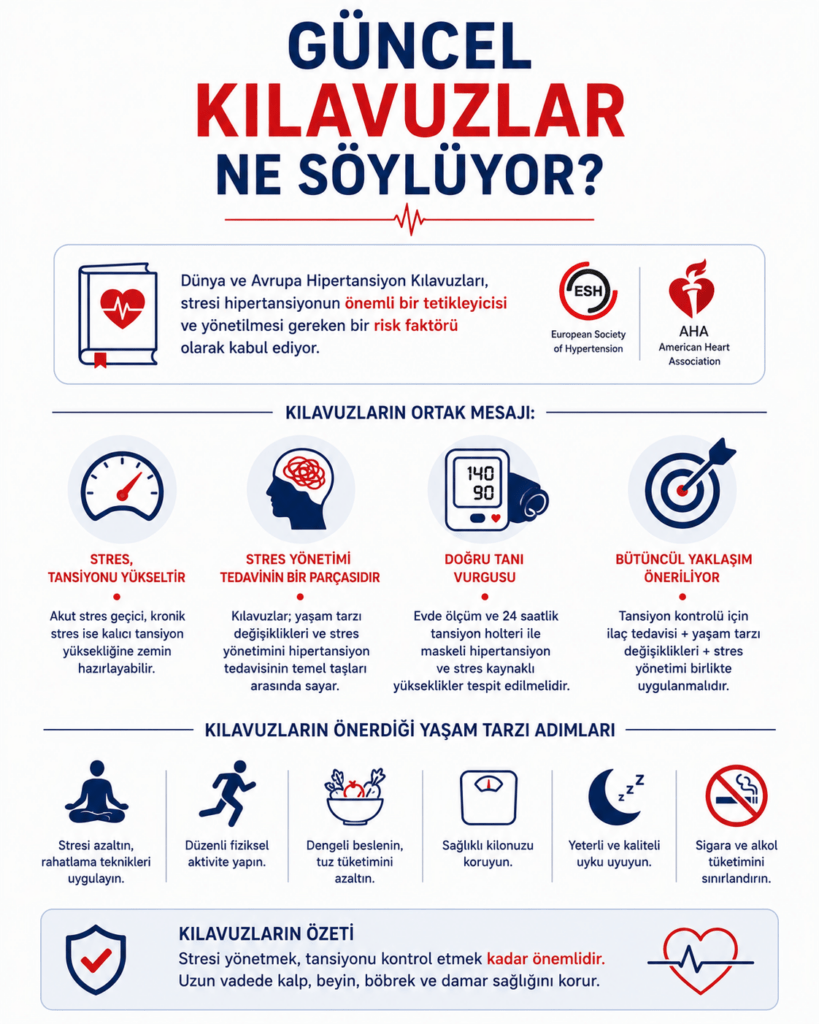 Hipertansiyon ve stres yönetimi konusunda güncel tıbbi kılavuzları özetleyen minimalist infografik. Beyaz arka plan üzerinde lacivert ve kırmızı tonlarda hazırlanan görselde “Güncel Kılavuzlar Ne Söylüyor?” başlığı yer alıyor. Görselde Avrupa Hipertansiyon Derneği ve Amerikan Kalp Cemiyeti logoları ile stresin hipertansiyon için önemli bir risk faktörü olduğu vurgulanıyor. Alt bölümlerde stres yönetimi, doğru tanı, düzenli tansiyon ölçümü ve bütüncül tedavi yaklaşımı ikonlarla anlatılıyor. Ayrıca düzenli egzersiz, sağlıklı beslenme, kaliteli uyku, kilo kontrolü, sigara ve alkolün sınırlandırılması gibi yaşam tarzı önerileri sade görsellerle destekleniyor. En alt bölümde ise stres yönetiminin tansiyon kontrolü kadar önemli olduğunu vurgulayan koruyucu sağlık mesajı yer alıyor.