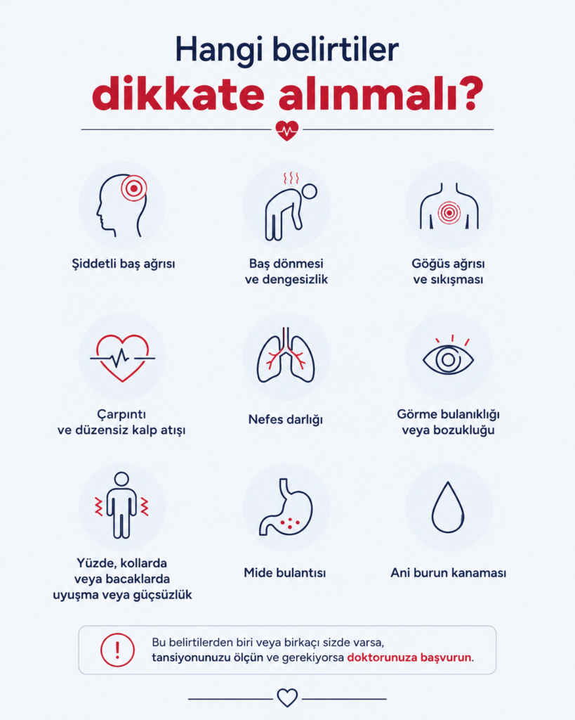 Hipertansiyon ve stres ilişkisine dikkat çeken minimalist medikal infografik. Beyaz arka plan üzerinde lacivert ve kırmızı tonlarda hazırlanan görselde üst bölümde “Hangi belirtiler dikkate alınmalı?” başlığı yer alıyor. Altında hipertansiyonla ilişkili önemli belirtiler sade ikonlarla anlatılıyor: şiddetli baş ağrısı, baş dönmesi ve denge kaybı, göğüs ağrısı veya sıkışması, çarpıntı ve düzensiz kalp atışı, nefes darlığı, görme bulanıklığı, yüzde veya uzuvlarda uyuşma-güçsüzlük, mide bulantısı ve ani burun kanaması. Alt bölümde “Bu belirtilerden biri veya birkaçı sizde varsa tansiyonunuzu ölçün ve gerekiyorsa doktorunuza başvurun.” uyarısı kırmızı vurgu ile öne çıkarılıyor. Minimal çizgisel ikonlar ve düzenli yerleşim sayesinde görsel modern, sade ve kolay okunabilir bir sağlık bilgilendirme tasarımı sunuyor.