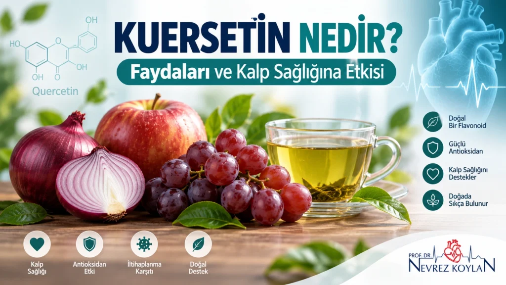 Kuersetin nedir başlıklı, soğan elma üzüm ve yeşil çay görselleriyle hazırlanmış kalp sağlığı blog kapak görseli