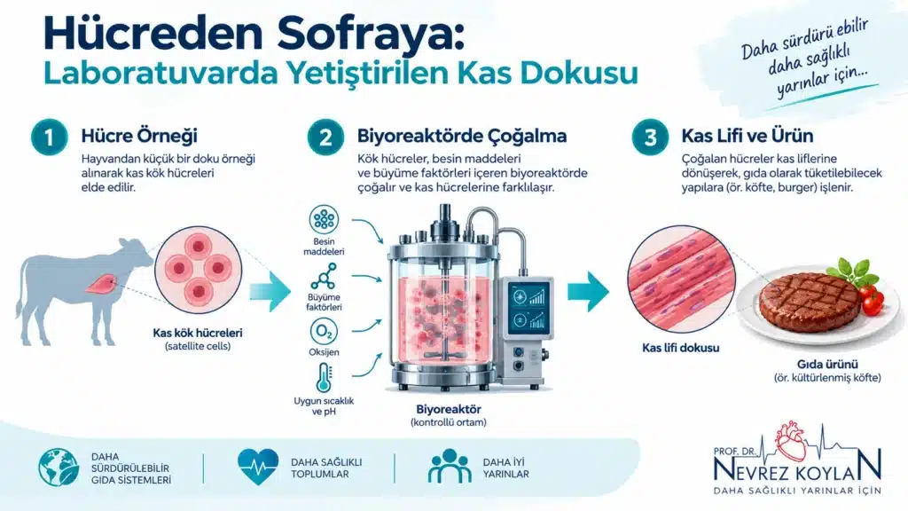 Kültürlenmiş et üretim sürecini gösteren biyoreaktör diyagramı — kök hücreden kas lifine dönüşüm aşamaları