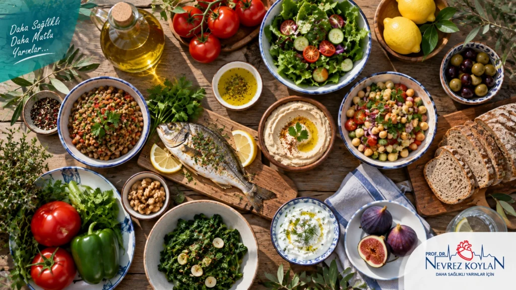 Zeytinyağı, baklagiller, tam tahıl ve sebzelerden oluşan Akdeniz usulü bir sofranın üstten çekilmiş fotoğrafı